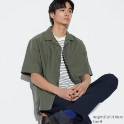 Hemden*UNIQLO Baumwolle Leinen Kurzarm Hemd Mit Offenem Kragen