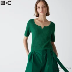 T-Shirts & Oberteile*UNIQLO Cropped Halbarm Pullover Mit Spitze Und Schlussellochausschnitt