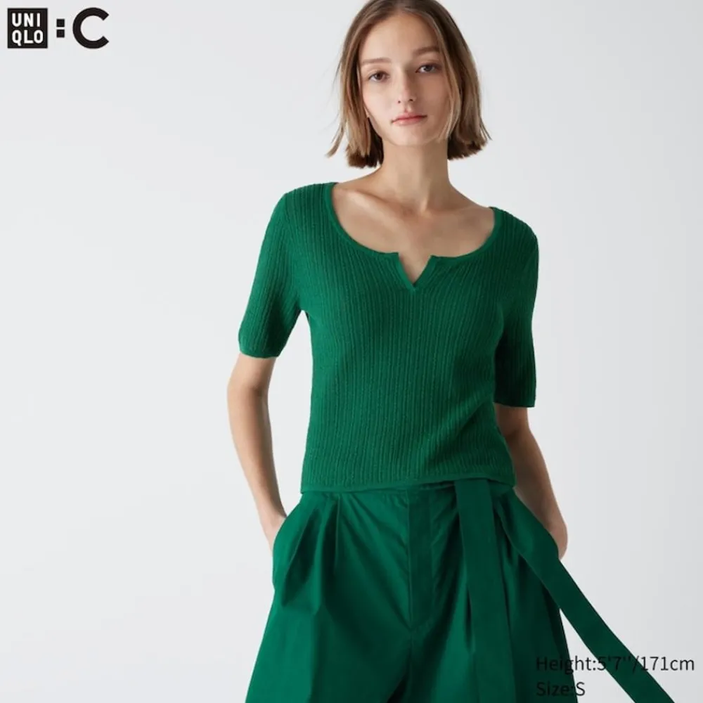 T-Shirts & Oberteile*UNIQLO Cropped Halbarm Pullover Mit Spitze Und Schlussellochausschnitt