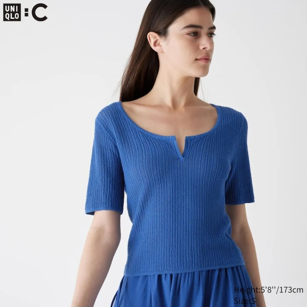 T-Shirts & Oberteile*UNIQLO Cropped Halbarm Pullover Mit Spitze Und Schlussellochausschnitt