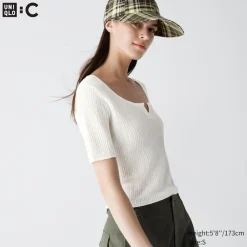 Pullover & Strickjacken*UNIQLO Cropped Halbarm Pullover Mit Spitze Und Schlussellochausschnitt