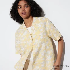 Hemden & Blusen*UNIQLO Gemusterte Leinenmix Kurzarm Bluse Mit Offenem Kragen