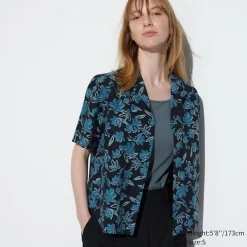 Hemden & Blusen*UNIQLO Gemusterte Leinenmix Kurzarm Bluse Mit Offenem Kragen