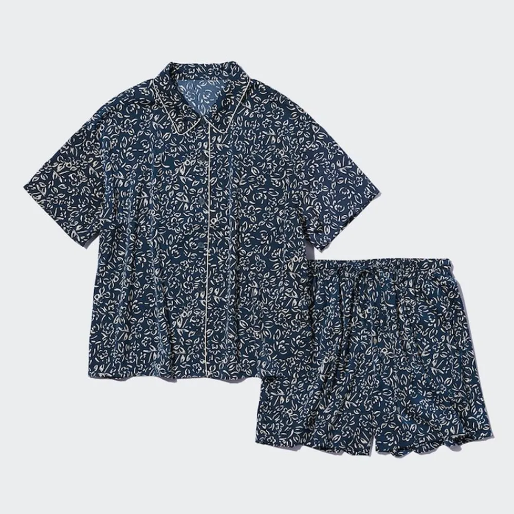 Loungewear & Pyjamas*UNIQLO Gemusterter Satin Kurzarm Pyjama Dunkelblau