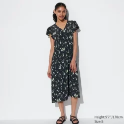 Kleider, Jumpsuits & Overalls*UNIQLO Gemustertes Kurzarm Kleid Mit V-Ausschnitt