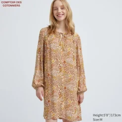 Kleider, Jumpsuits & Overalls*UNIQLO Gemustertes Viskose Langarm Kleid Braun