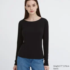 Bh-Tops, Tanktops & Trägertops*UNIQLO Geripptes Heattech Thermo Bh-Langarmshirt Mit Weitem Rundhalsausschnitt Schwarz