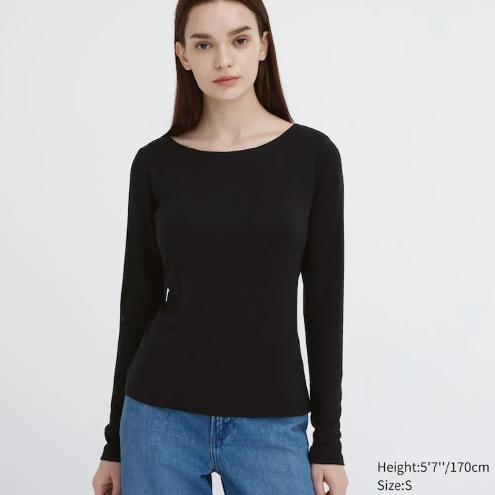 Bh-Tops, Tanktops & Trägertops*UNIQLO Geripptes Heattech Thermo Bh-Langarmshirt Mit Weitem Rundhalsausschnitt Schwarz