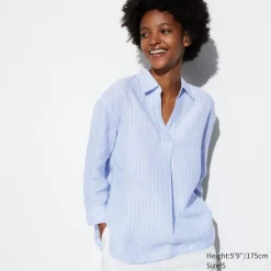 Hemden & Blusen*UNIQLO Gestreifte Premium Leinen 3/4-Arm Bluse