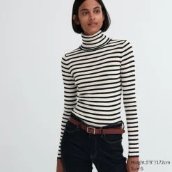 Pullover & Strickjacken*UNIQLO Gestreifter Gerippter 100 % Extra Feine Merinowolle Rollkragenpullover Grauweis