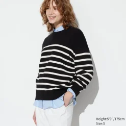 Pullover & Strickjacken*UNIQLO Gestreifter Sanfter Baumwolle Pullover (Relaxed Fit) Schwarz
