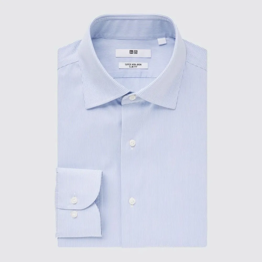Hemden*UNIQLO Gestreiftes Bugelfreies Hemd (Slim Fit) Blau