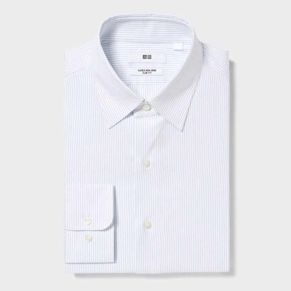 Hemden*UNIQLO Gestreiftes Bugelfreies Langarm Hemd (Slim Fit) Blau