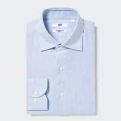 Hemden*UNIQLO Gestreiftes Bugelfreies Langarm Hemd (Slim Fit) Blau