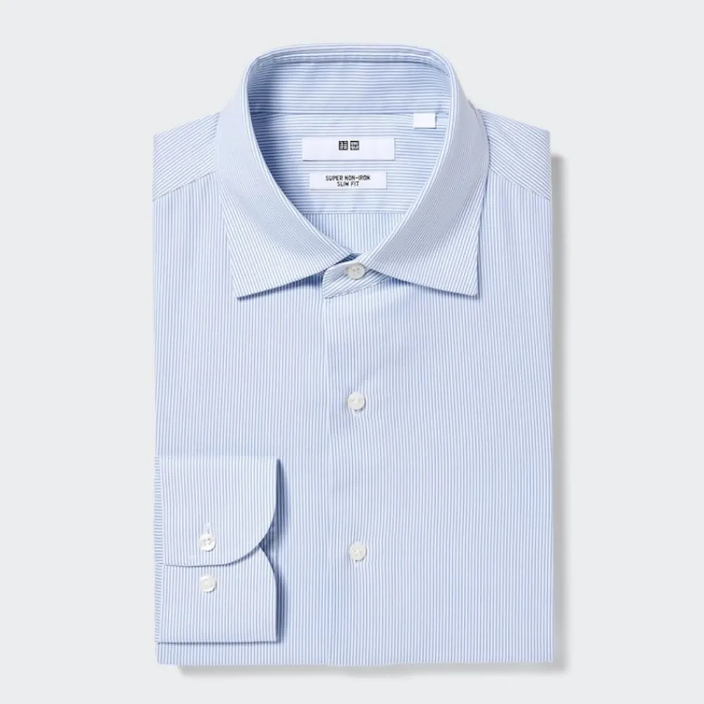 Hemden*UNIQLO Gestreiftes Bugelfreies Langarm Hemd (Slim Fit) Blau