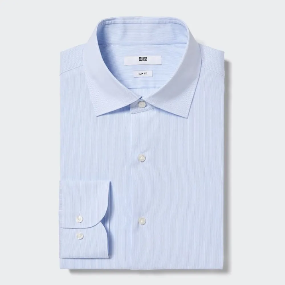 Hemden*UNIQLO Gestreiftes Easy Care Stretch Langarm Hemd (Slim Fit) Blau