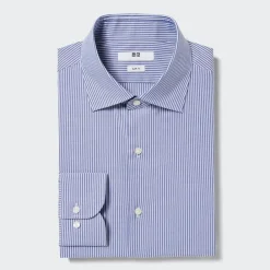 Hemden*UNIQLO Gestreiftes Easy Care Stretch Langarm Hemd (Slim Fit) Blau