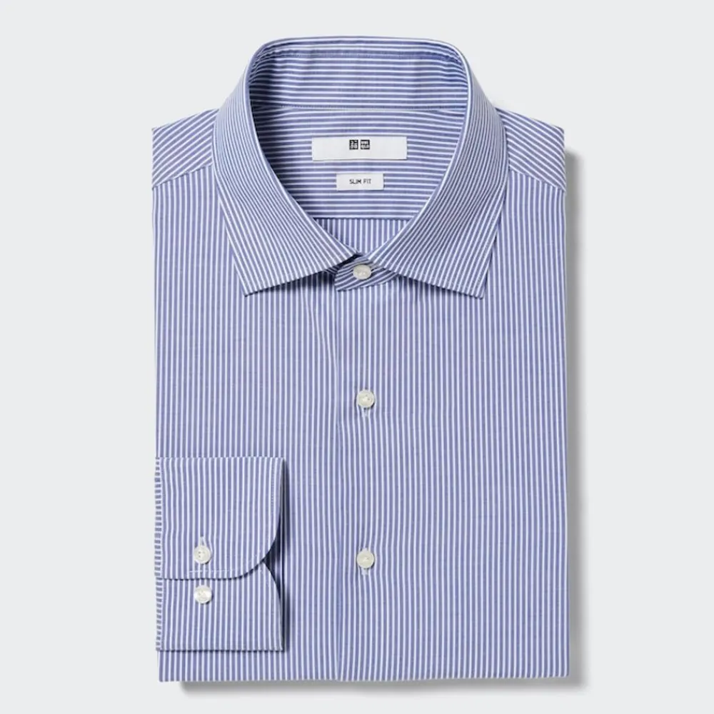 Hemden*UNIQLO Gestreiftes Easy Care Stretch Langarm Hemd (Slim Fit) Blau