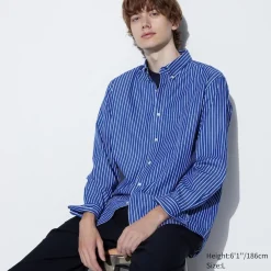 Hemden*UNIQLO Gestreiftes Extra Feine Baumwolle Langarm Hemd Blau