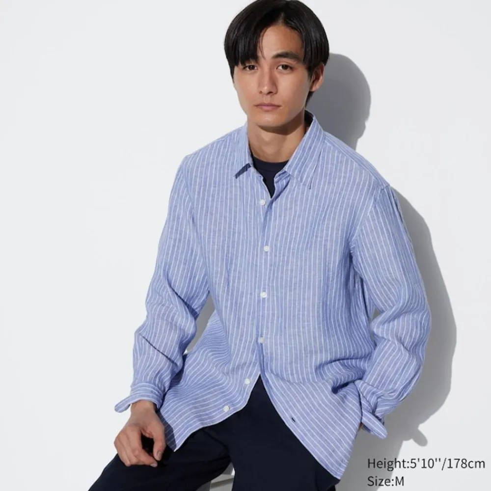 Hemden*UNIQLO Gestreiftes 100 % Premium Leinen Langarm Hemd