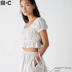 T-Shirts & Oberteile*UNIQLO Karierte Geraffte Cropped Kurzarm Bluse
