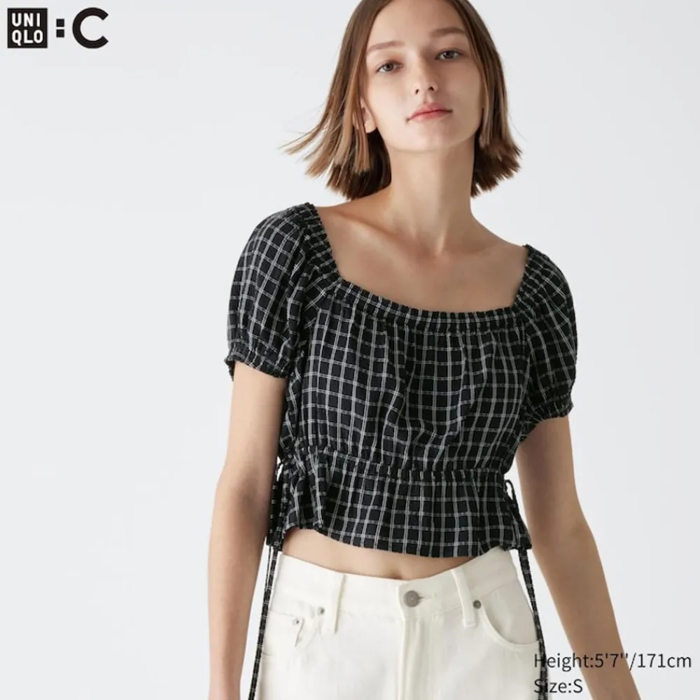 T-Shirts & Oberteile*UNIQLO Karierte Geraffte Cropped Kurzarm Bluse