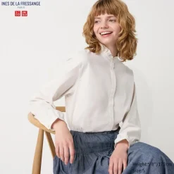 Hemden & Blusen*UNIQLO Kattun Langarm Bluse Mit Ruschen Grauweis