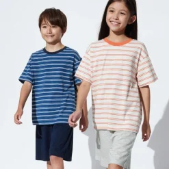 Pyjamas*UNIQLO Kinder Gestreiftes Airism Baumwolle Kurzarm Lounge Set