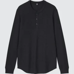 T-Shirts & Oberteile*UNIQLO Langarmshirt In Waffeloptik Mit Henley-Ausschnitt (Saison 2021) Schwarz