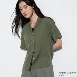 Hemden & Blusen*UNIQLO Leinenmix Kurzarm Bluse Mit Offenem Kragen