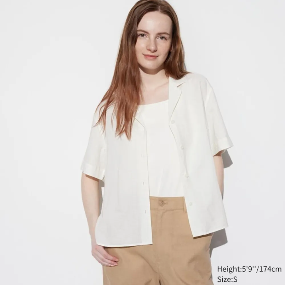 Hemden & Blusen*UNIQLO Leinenmix Kurzarm Bluse Mit Offenem Kragen