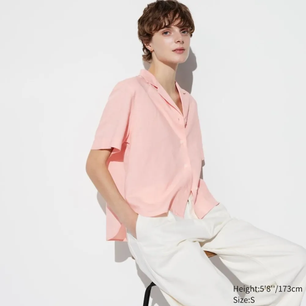 Hemden & Blusen*UNIQLO Leinenmix Kurzarm Bluse Mit Offenem Kragen