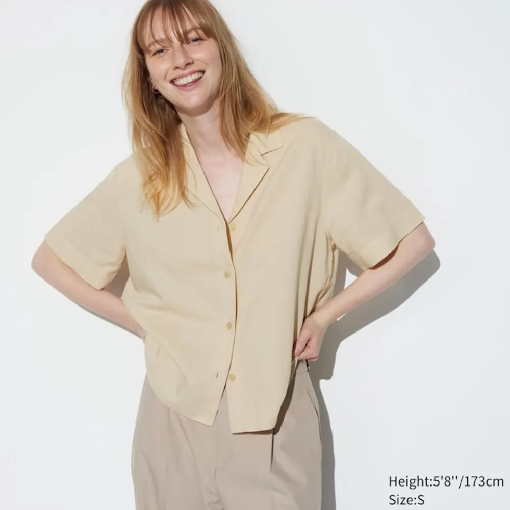 Hemden & Blusen*UNIQLO Leinenmix Kurzarm Bluse Mit Offenem Kragen