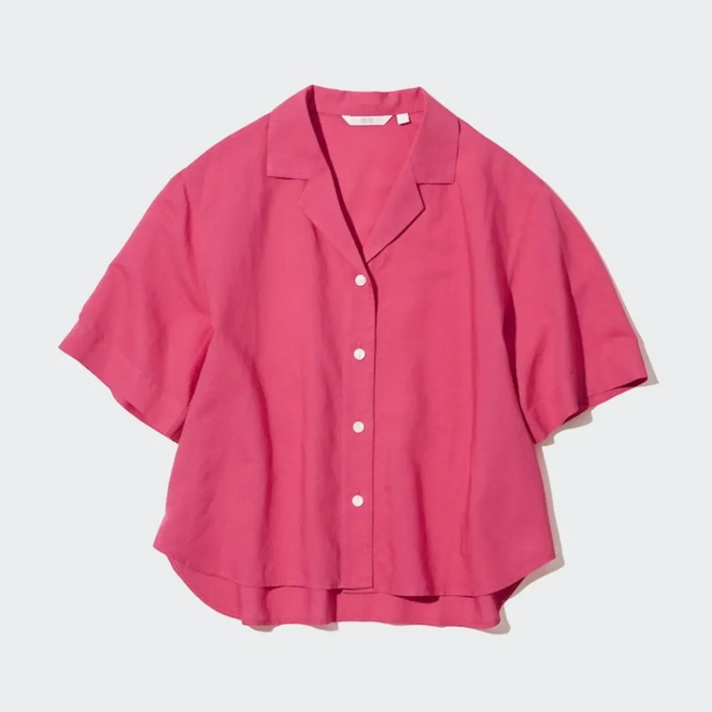 Hemden & Blusen*UNIQLO Leinen Mix Kurzarm Bluse Mit Offenem Kragen