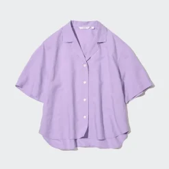 Hemden & Blusen*UNIQLO Leinen Mix Kurzarm Bluse Mit Offenem Kragen
