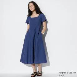 Kleider, Jumpsuits & Overalls*UNIQLO Leinenmix Kurzarm Kleid Mit Karree-Ausschnitt