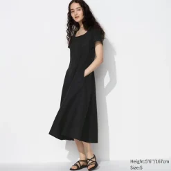 Kleider, Jumpsuits & Overalls*UNIQLO Leinenmix Kurzarm Kleid Mit Karree-Ausschnitt
