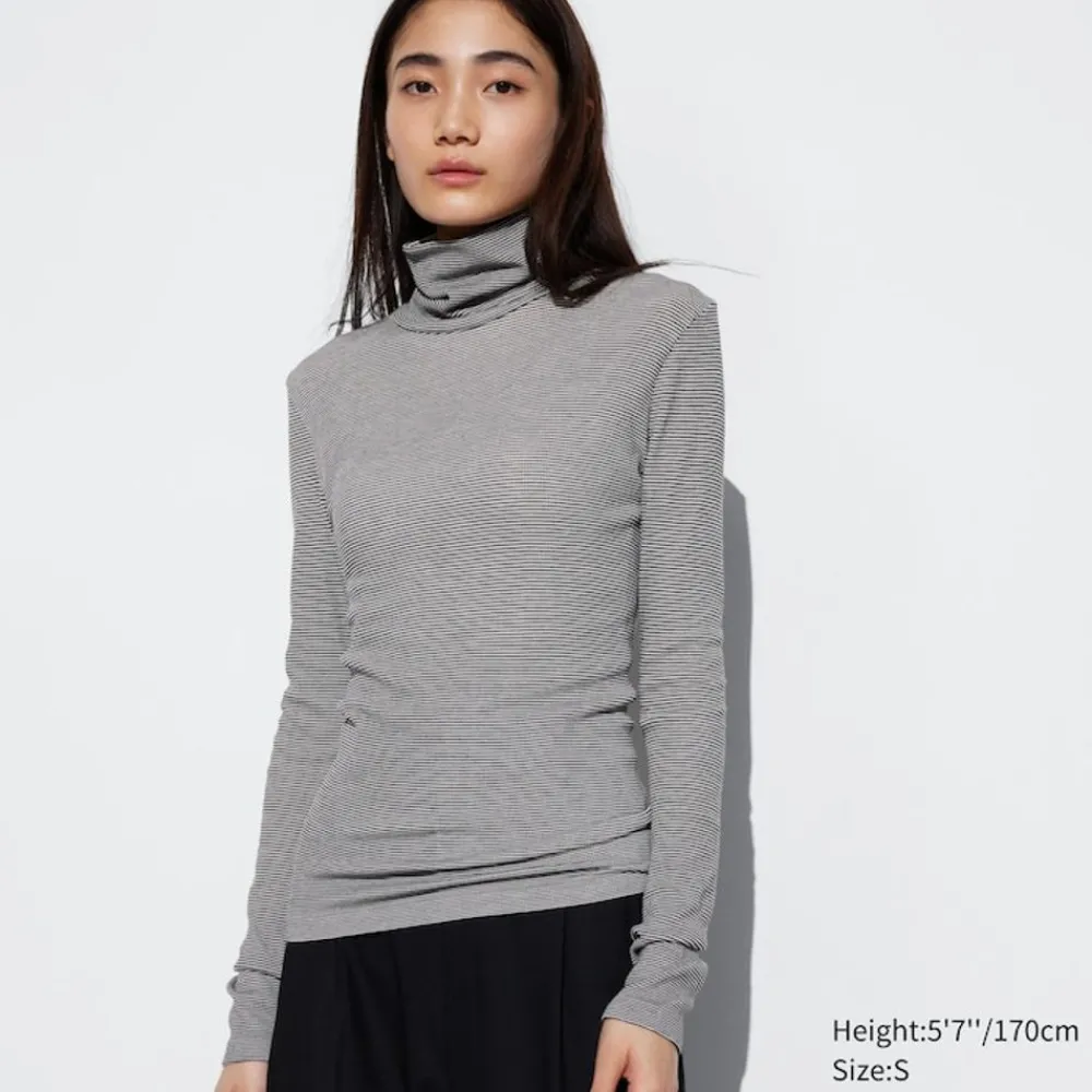T-Shirts & Oberteile*UNIQLO Nahtloses Geripptes Gestreiftes Heattech Extra Warm Thermo Langarmshirt Grauweis