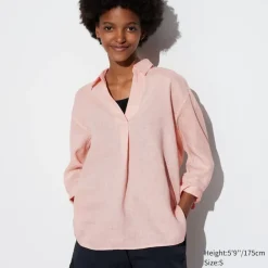 Hemden & Blusen*UNIQLO 100 % Premium Leinen 3/4-Arm Bluse Mit Skipperkragen