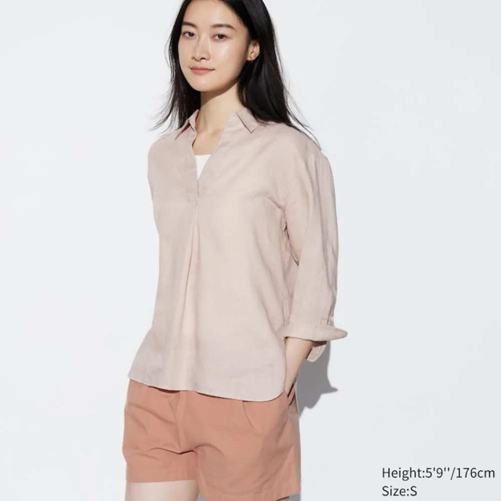Hemden & Blusen*UNIQLO 100 % Premium Leinen 3/4-Arm Bluse Mit Skipperkragen