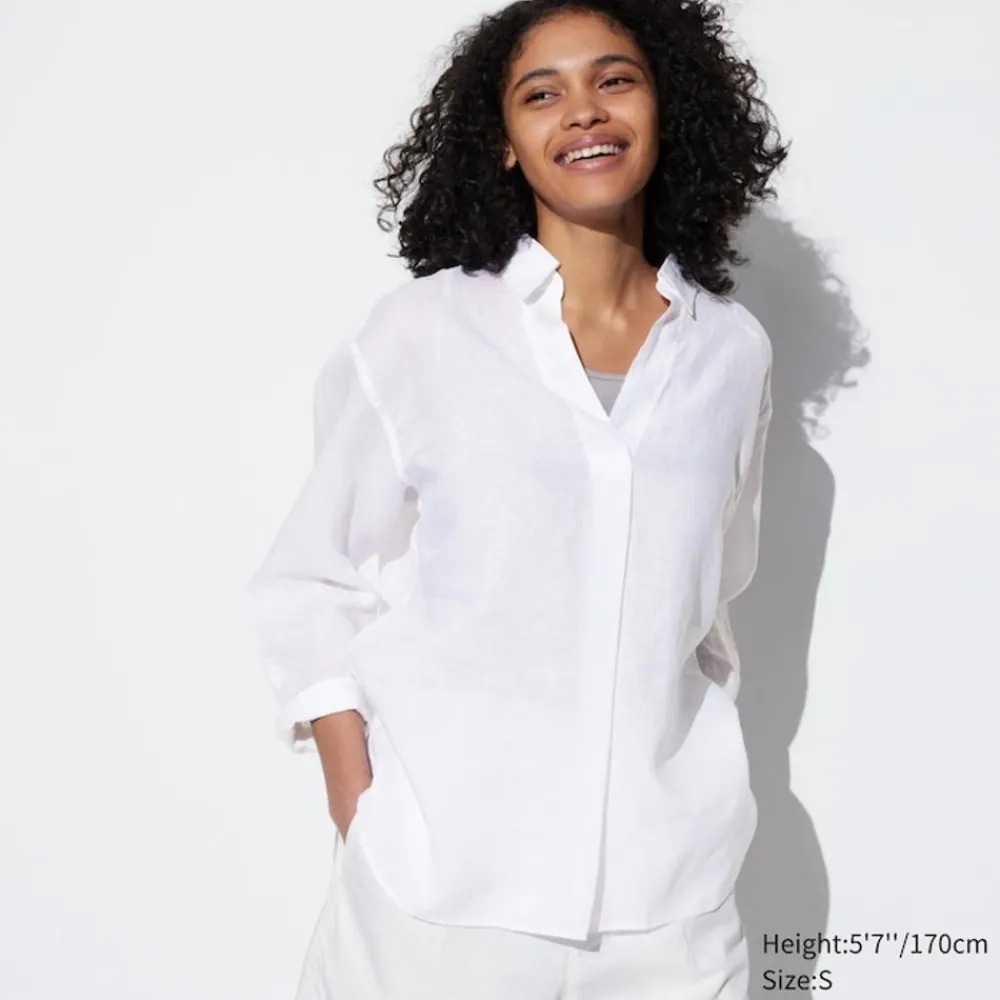 Hemden & Blusen*UNIQLO 100 % Premium Leinen 3/4-Arm Bluse Mit Skipperkragen