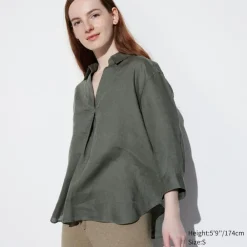 Hemden & Blusen*UNIQLO 100 % Premium Leinen 3/4-Arm Bluse Mit Skipperkragen