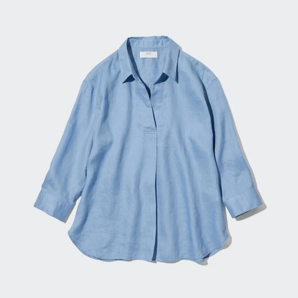 Hemden & Blusen*UNIQLO 100 % Premium Leinen 3/4-Arm Bluse Mit Skipper-Kragen
