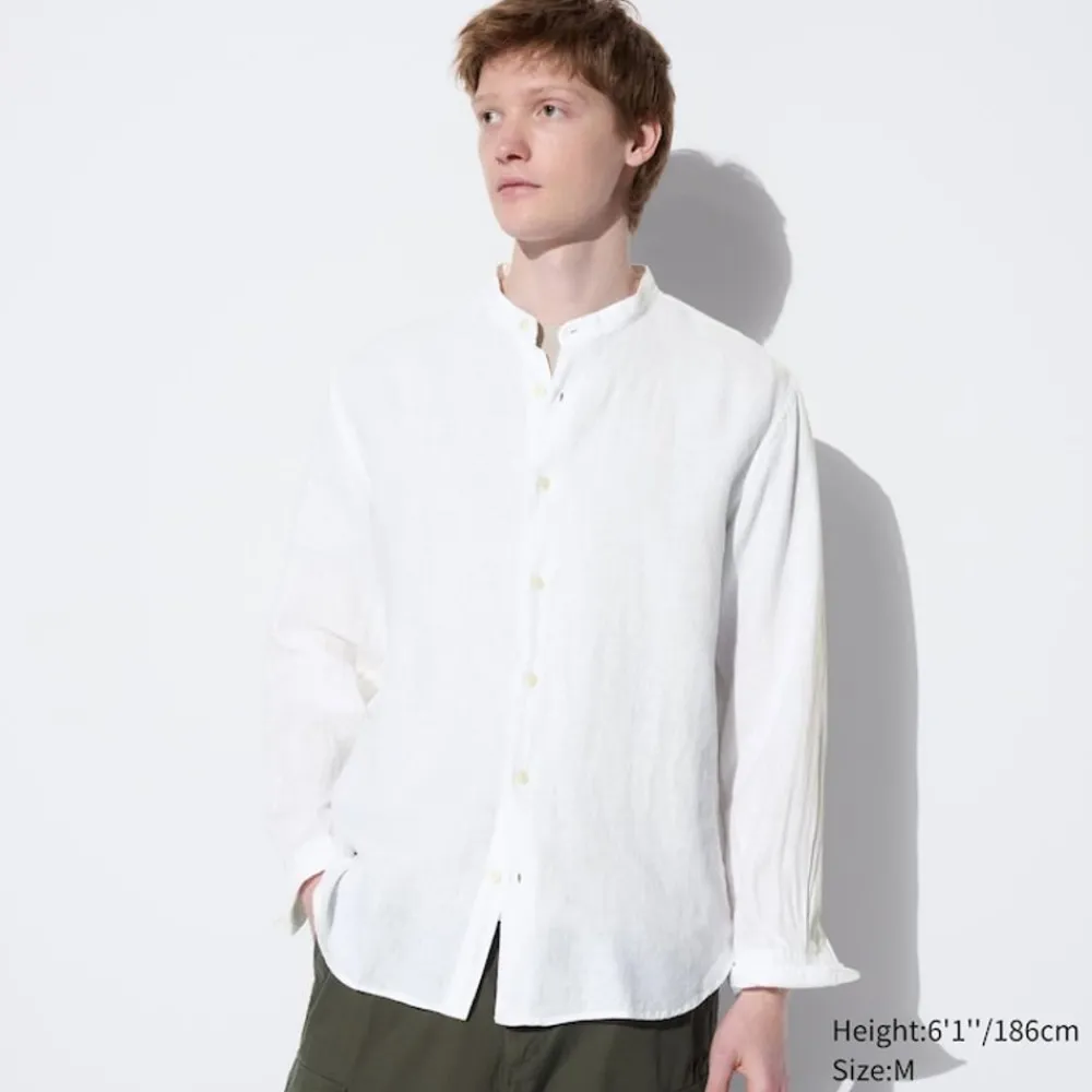 Hemden*UNIQLO 100 % Premium Leinen Langarm Hemd Mit Stehkragen
