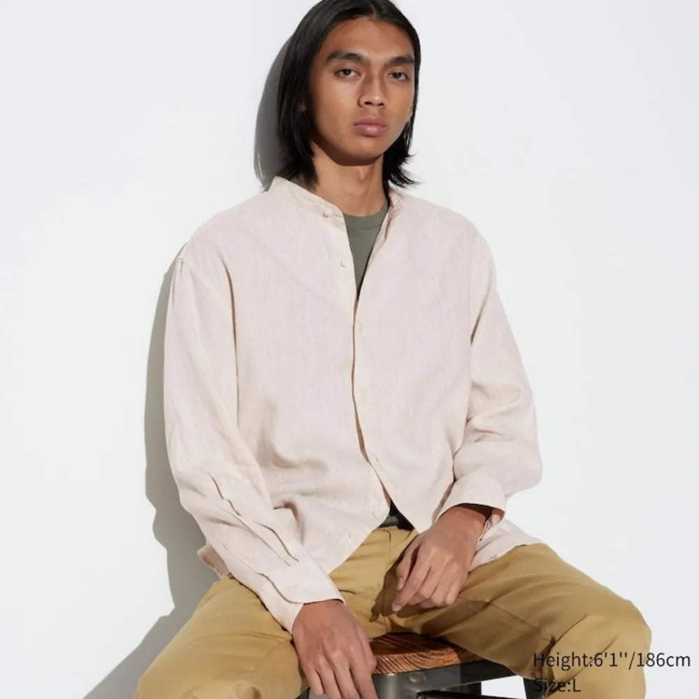 Hemden*UNIQLO 100 % Premium Leinen Langarm Hemd Mit Stehkragen