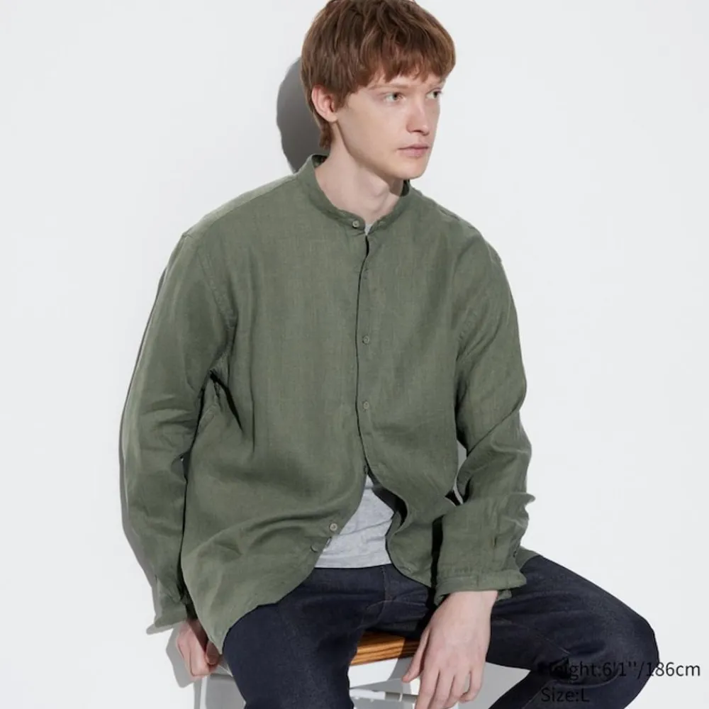 Hemden*UNIQLO 100 % Premium Leinen Langarm Hemd Mit Stehkragen
