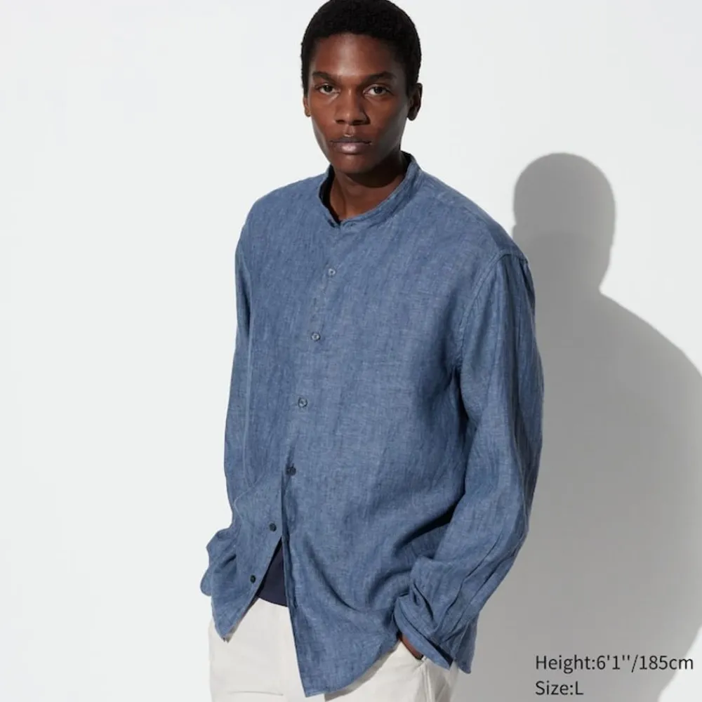 Hemden*UNIQLO 100 % Premium Leinen Langarm Hemd Mit Stehkragen