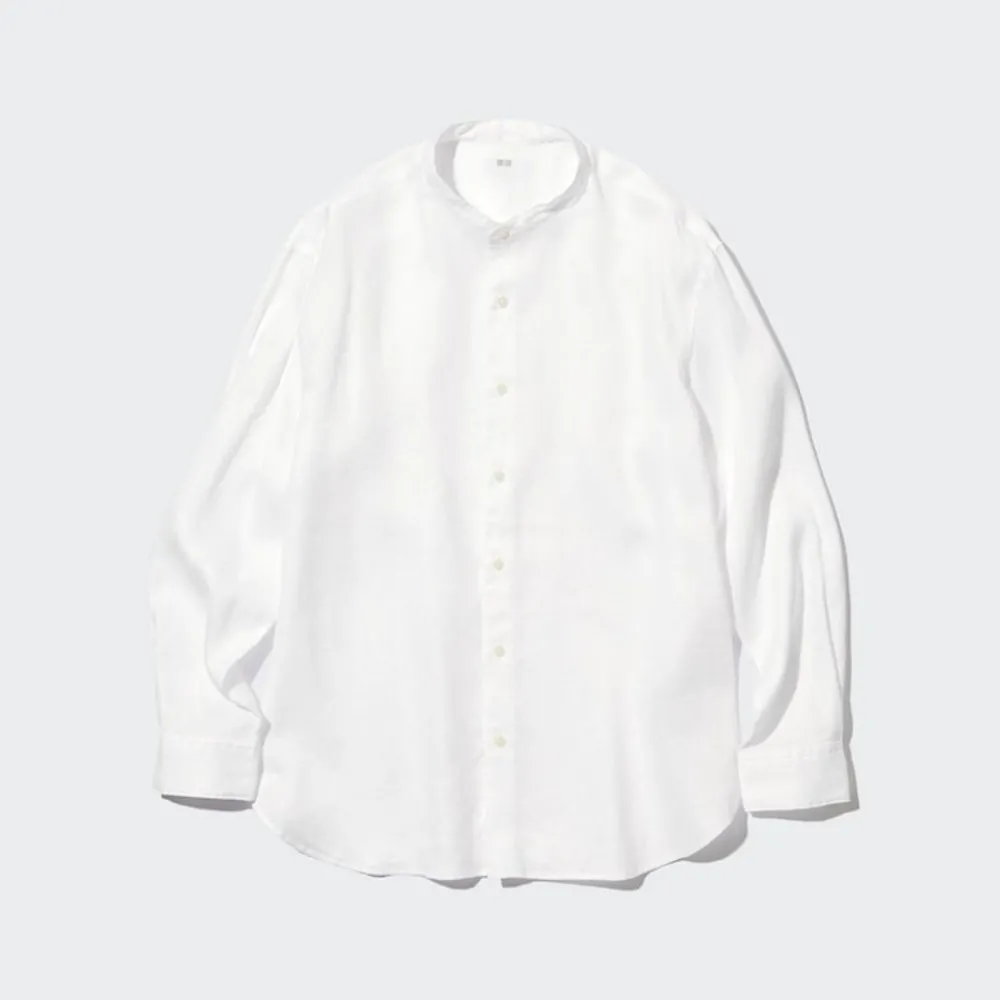 Hemden*UNIQLO 100 % Premium Leinen Langarm Hemd Mit Stehkragen
