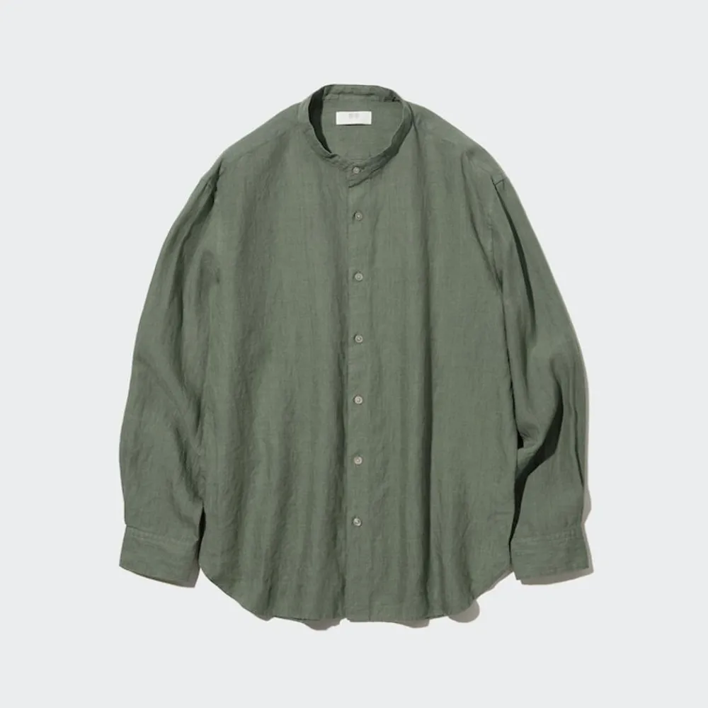 Hemden*UNIQLO 100 % Premium Leinen Langarm Hemd Mit Stehkragen