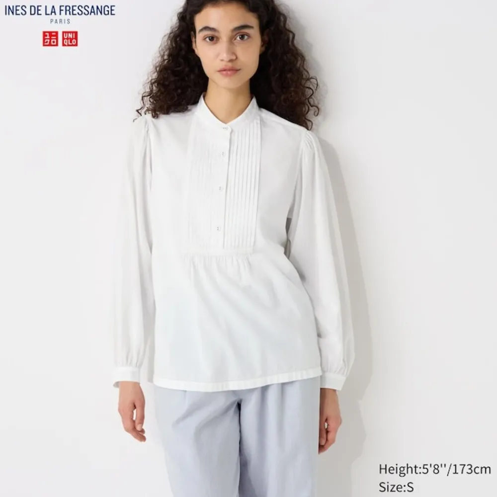 Hemden & Blusen*UNIQLO Seersucker Langarm Bluse Mit Biesen Weis